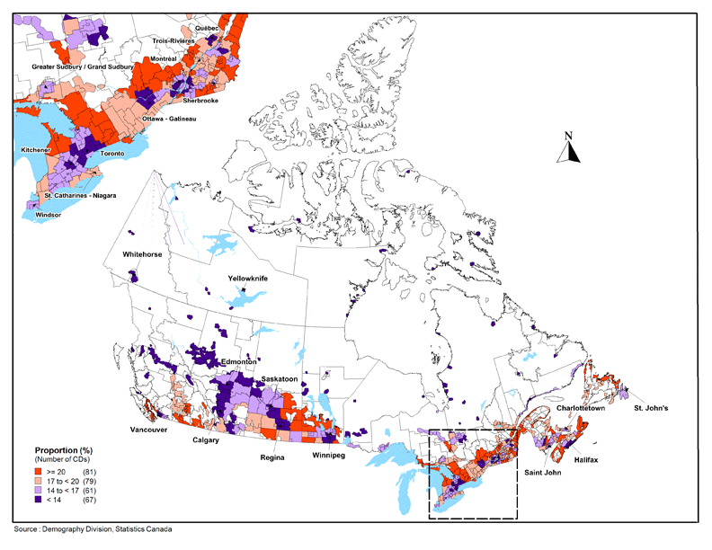 Proportion of population&nbsp;65&nbsp;years of age and over as of July&nbsp;1,&nbsp;2012, by census division (CD), Canada