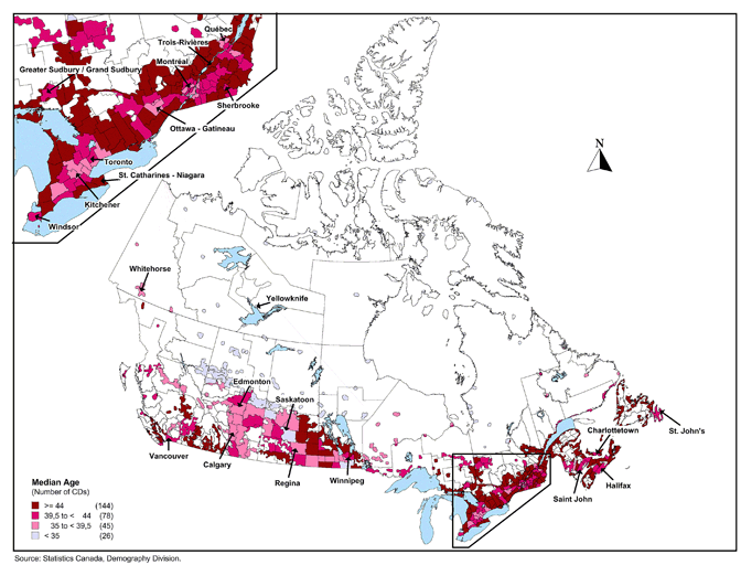 Median age as of July&nbsp;1,&nbsp;2013&nbsp;by census division (CD), Canada