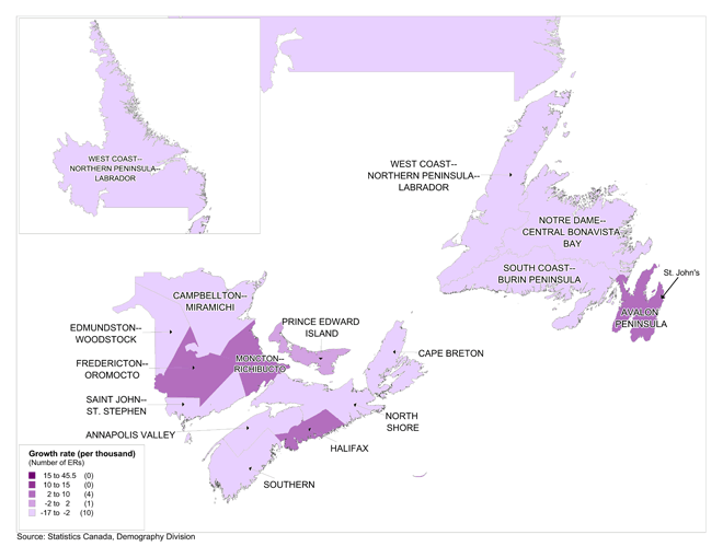 Population growth rates between July&nbsp;1,&nbsp;2012&nbsp;and June&nbsp;30,&nbsp;2013&nbsp;by economic region (ER), Atlantic provinces