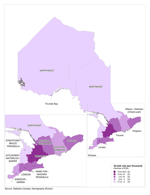 Population growth rates between July&nbsp;1,&nbsp;2012&nbsp;and June&nbsp;30,&nbsp;2013&nbsp;by economic region, Ontario