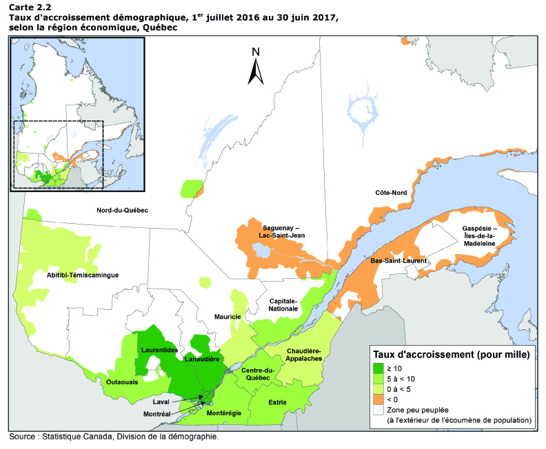 Carte 2.2 Taux d'accroissement démographique, 1er juillet 2016 au 30 juin 2017, selon la région économique, Québec