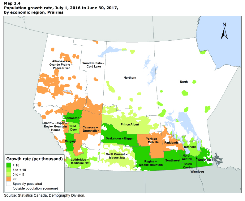 Map 2.4 Population growth rate, July 1, 2016 to June 30, 2017, by economic region, Prairies