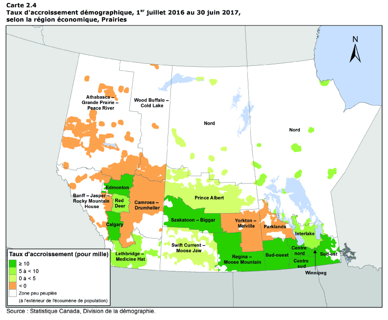 Carte 2.4 Taux d'accroissement démographique, 1er juillet 2016 au 30 juin 2017, selon la région économique, Prairies
