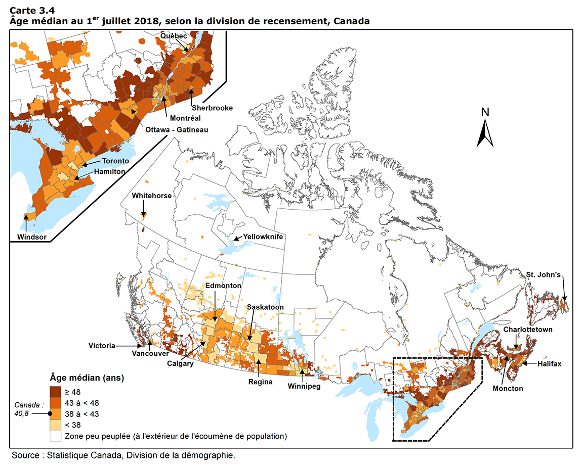Carte 3.4 Âge médian au 1er juillet 2018, selon la division de recensement, Canada 