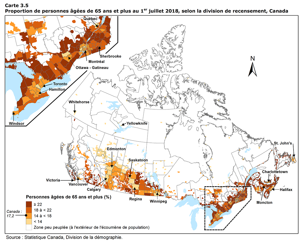 Carte 3.5 Proportion de personnes âgées de 65 ans et plus au 1er juillet 2018, selon la division de recensement, Canada 