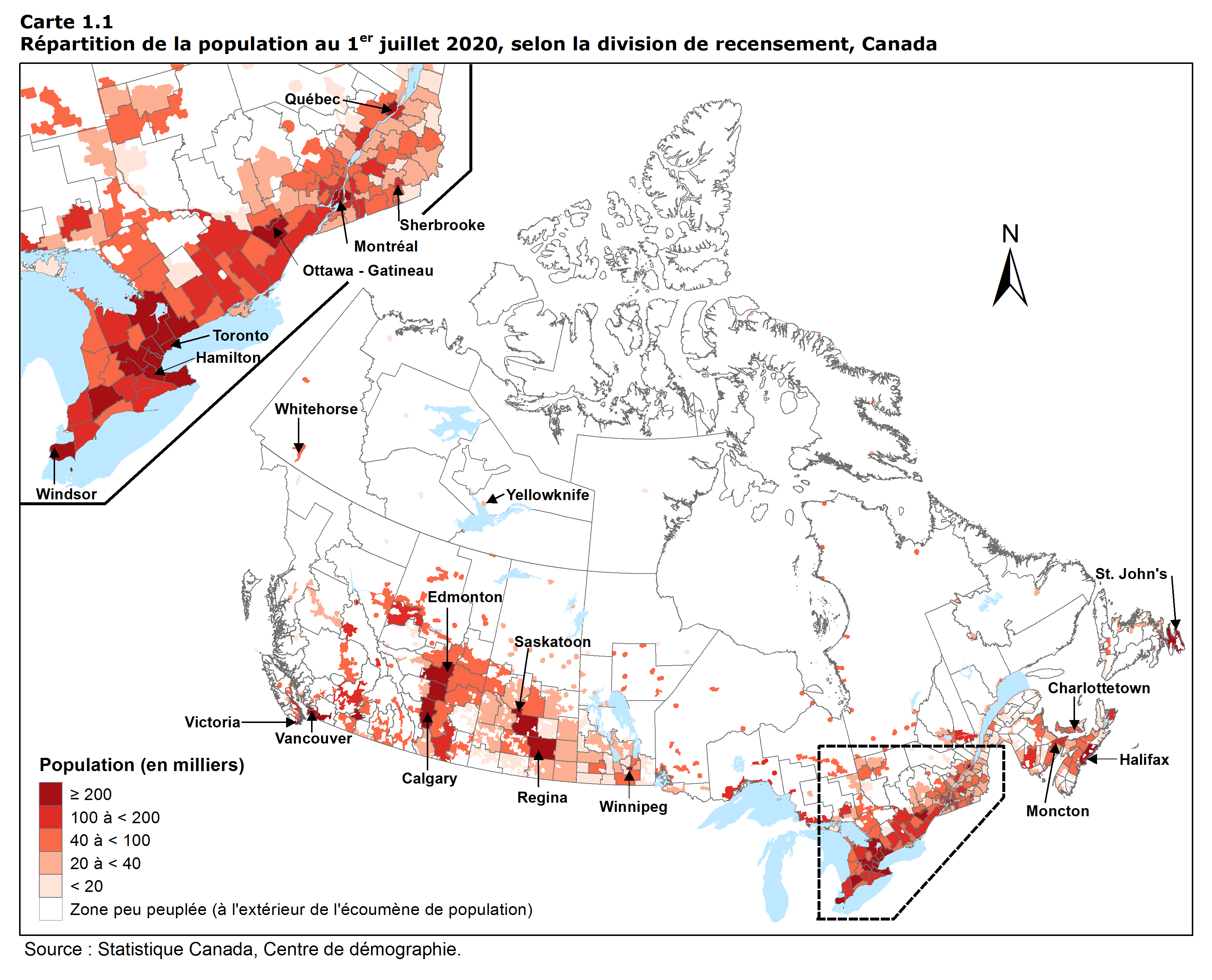 Carte 1.1 Répartition de la population au 1<sup>er</sup> juillet 2020, selon la division de recensement, Canada