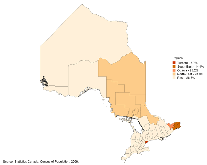 Ontario Census Divisions Map Health Care Professionals And Official-Language Minorities In Canada: Map  1.2 — Proportion Of The Official Language Minority Population In Ontario  Regions Defined By Census Divisions, 2006