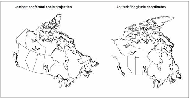 Figure 2.1 Example of a map projection and unprojected coordinates
