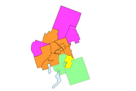 Exemple de subdivisions  de recensement ajoutées à une région métropolitaine de recensement ou une  agglomération de recensement selon la règle du navettage à contresens