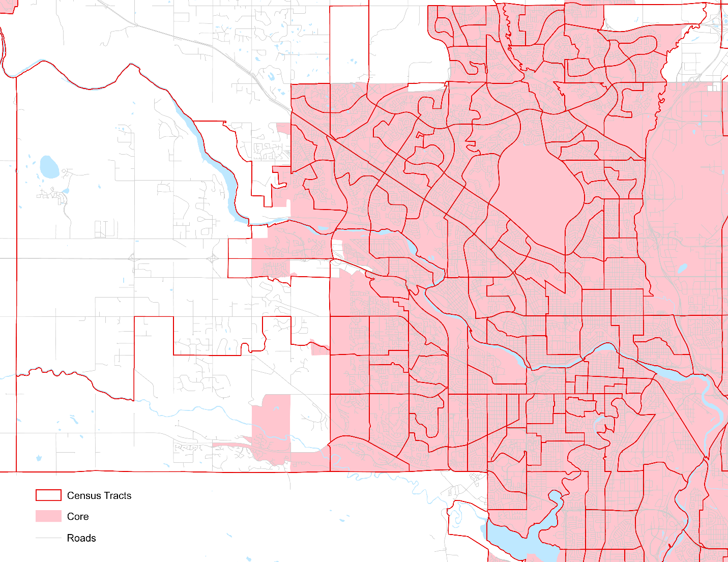 Selected census tracts in the core of the Calgary (Alberta) census metropolitan area, 2021 Census