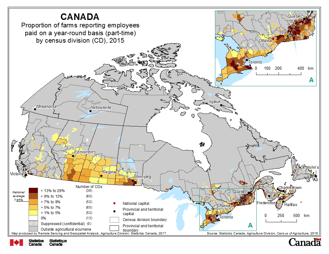 Proportion of farms reporting employees paid on a year-round basis (part-time) by census division (CD), 2015