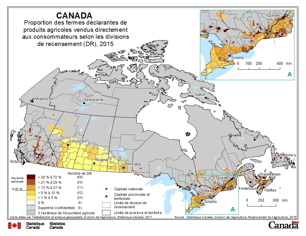 Proportion des fermes déclarantes de produits agricoles vendus directement aux consommateurs selon les divisions de recensement (DR), 2015