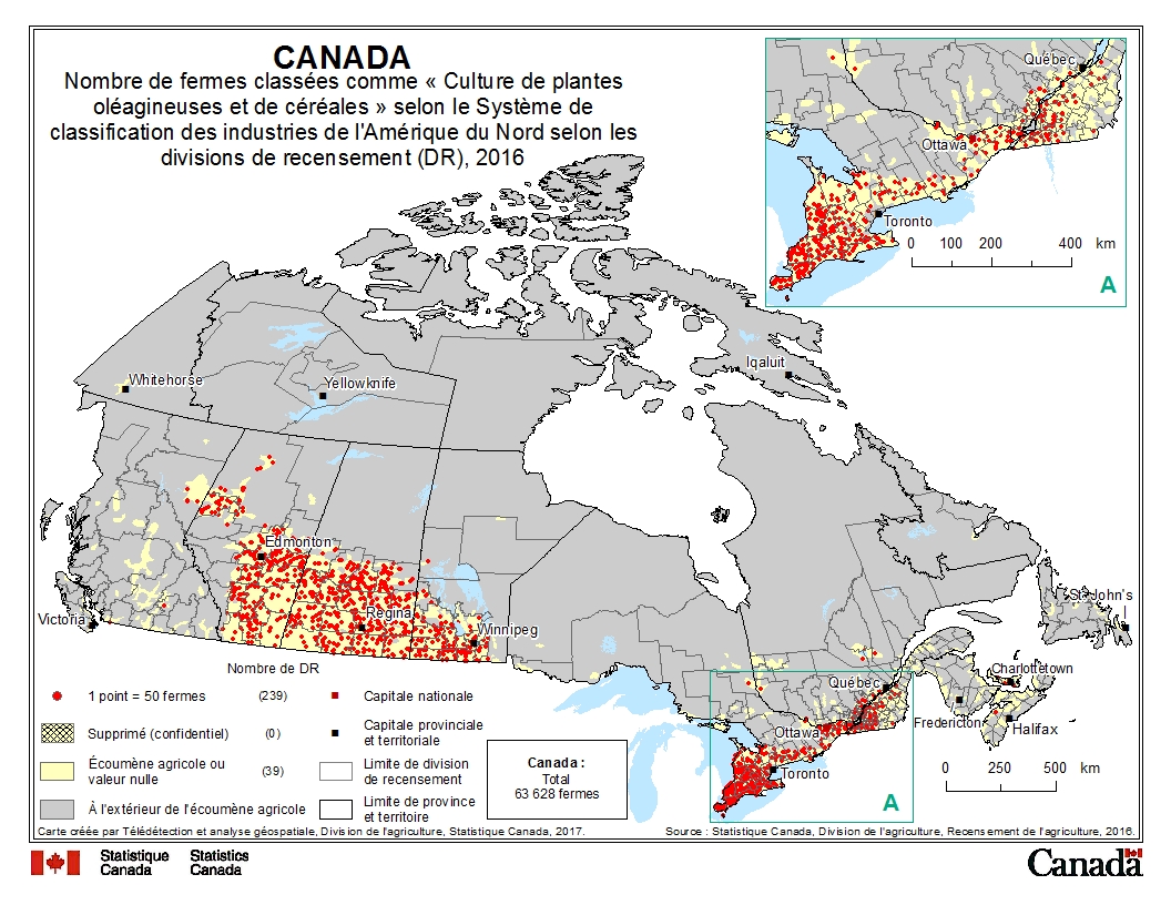 Nombre de fermes classées comme « Culture de plantes oléagineuses et de céréales » selon le Système de classification des industries de l'Amérique du Nord selon les divisions de recensement (DR), 2016