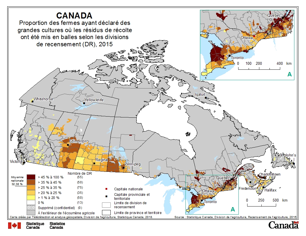 Proportion des fermes ayant déclaré des grandes cultures où les résidus de récolte ont été mis en balles selon les divisions de recensement (DR), 2015