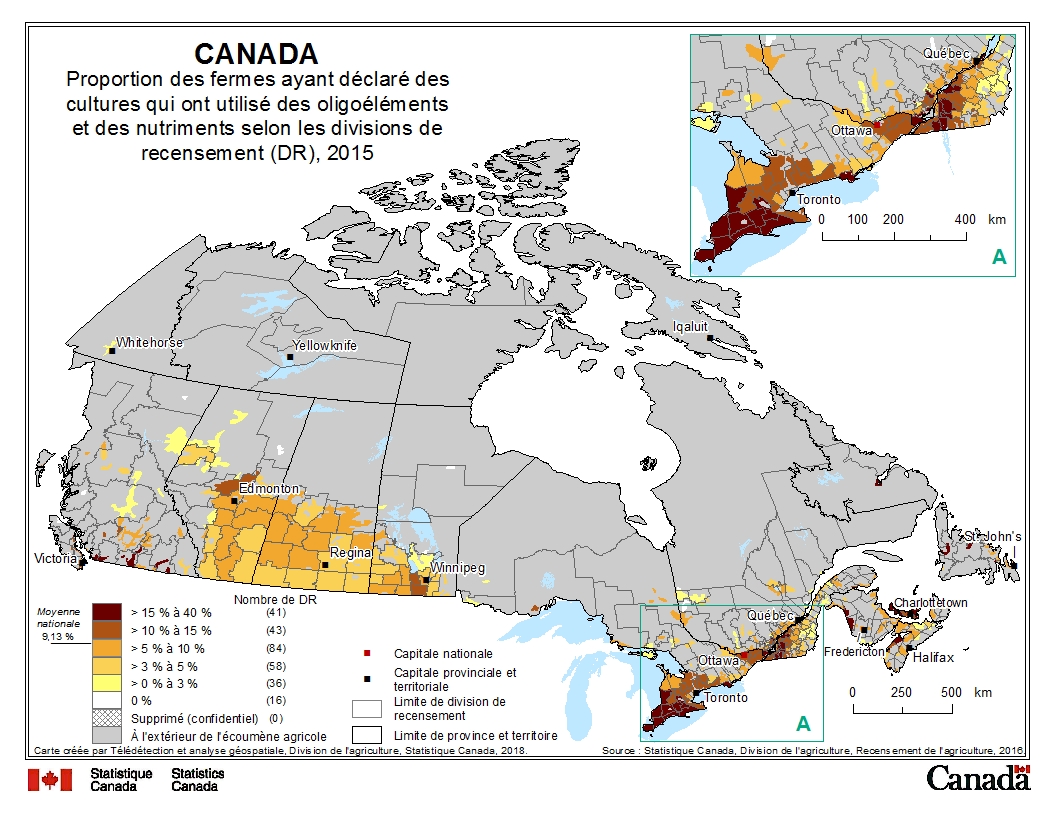 Proportion des fermes ayant déclaré des cultures qui ont utilisé des oligoéléments et des nutriments selon les divisions de recensement (DR), 2015