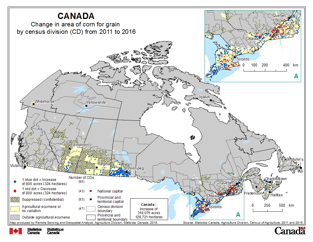 Change in area of corn for grain by census division (CD) from 2011 to 2016