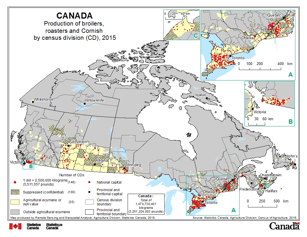 Production of broilers, roasters and Cornish by census division (CD), 2015
