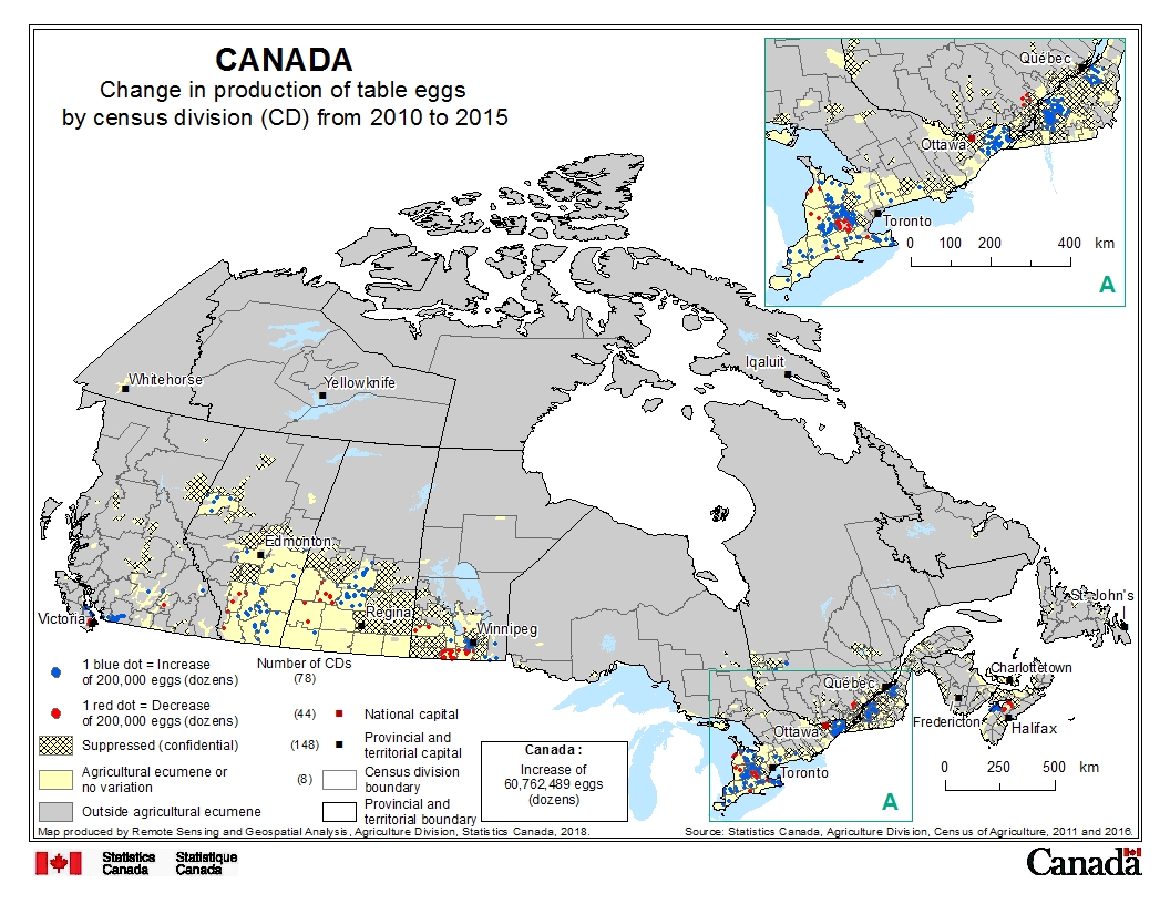 Change in production of table eggs by census division (CD) from 2010 to 2015