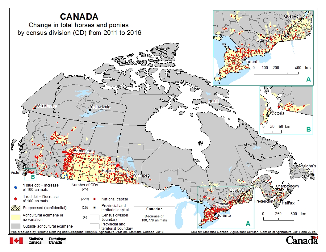 Change in total horses and ponies by census division (CD) from 2011 to 2016