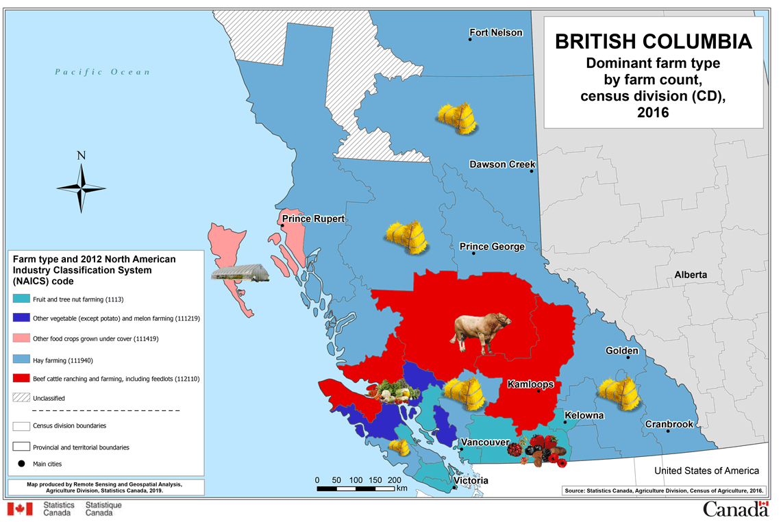 British Columbia – Dominant farm type by farm count, census division (CD), 2016