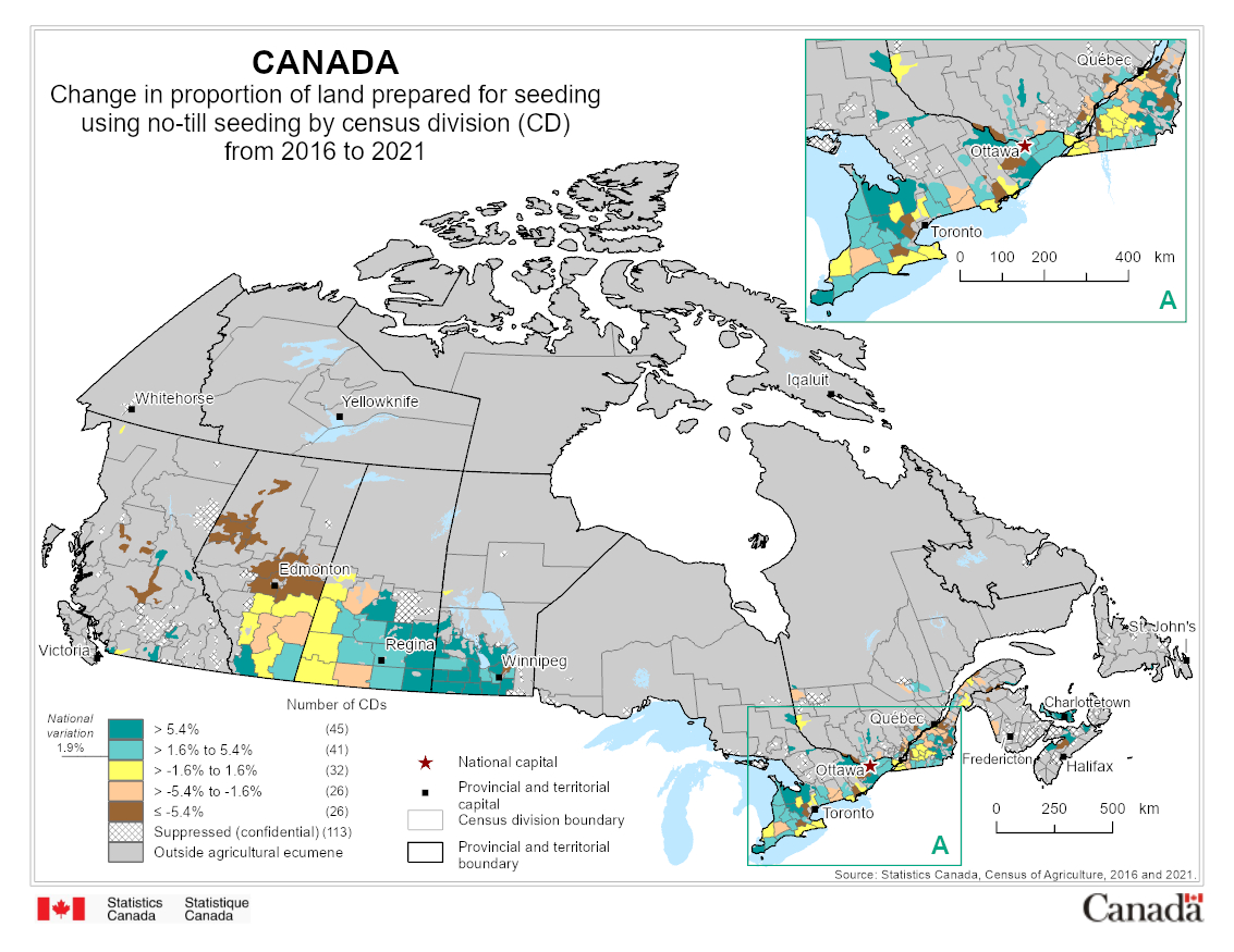 Change in proportion of land prepared for seeding using no-till seeding by census division (CD) from 2016 to 2021