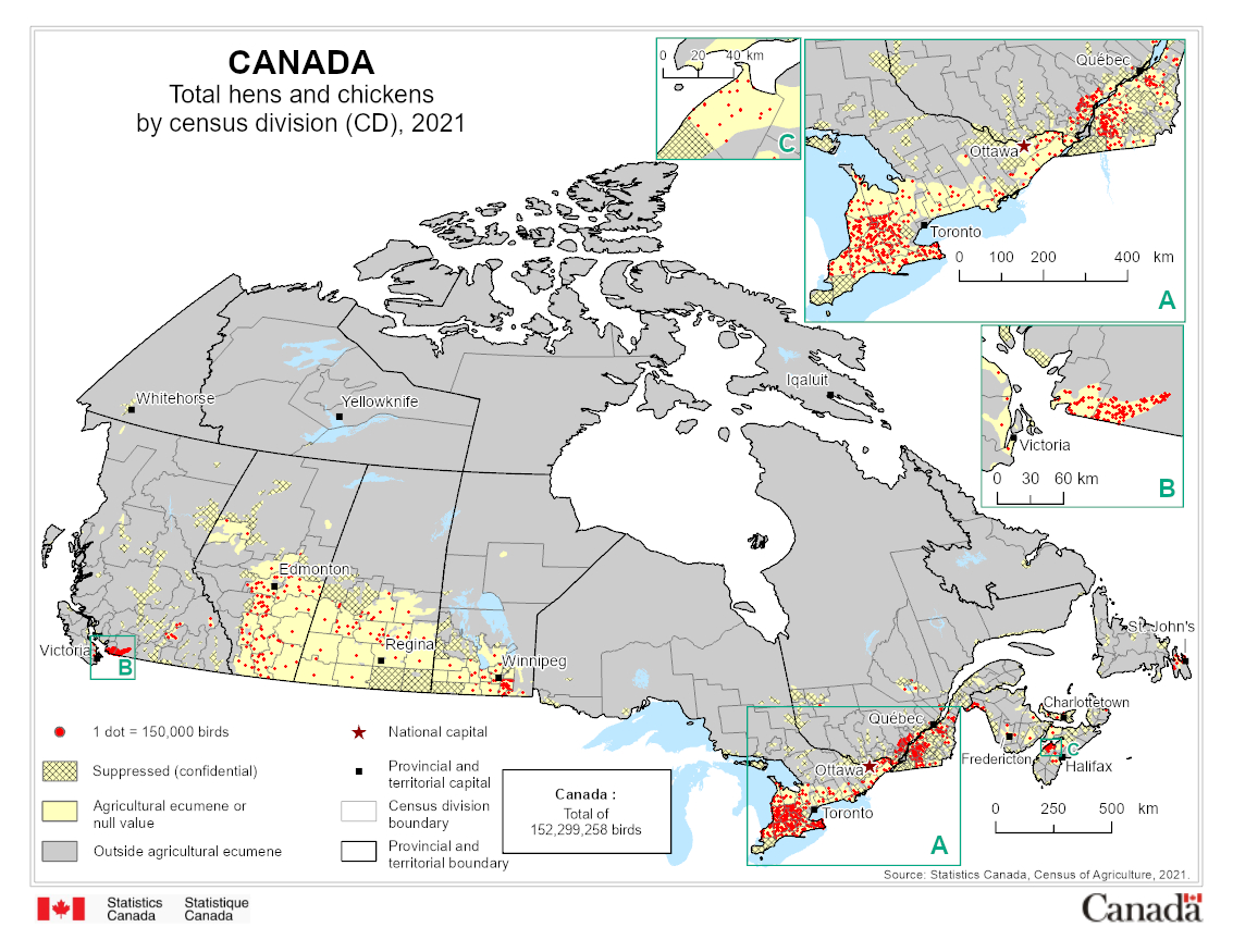 Total hens and chickens by census division (CD), 2021