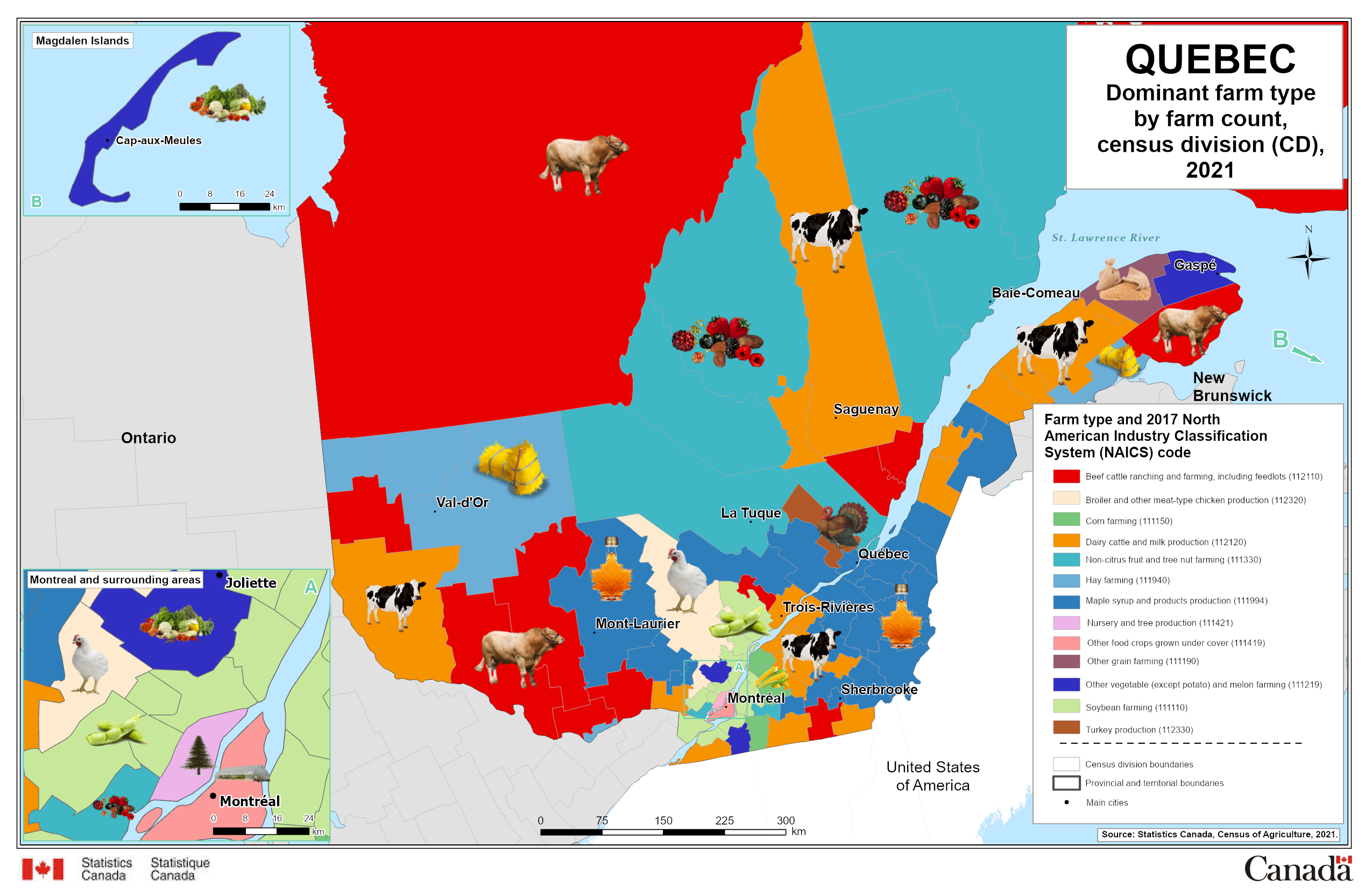 Quebec - Dominant farm type by farm count, census division (CD), 2021