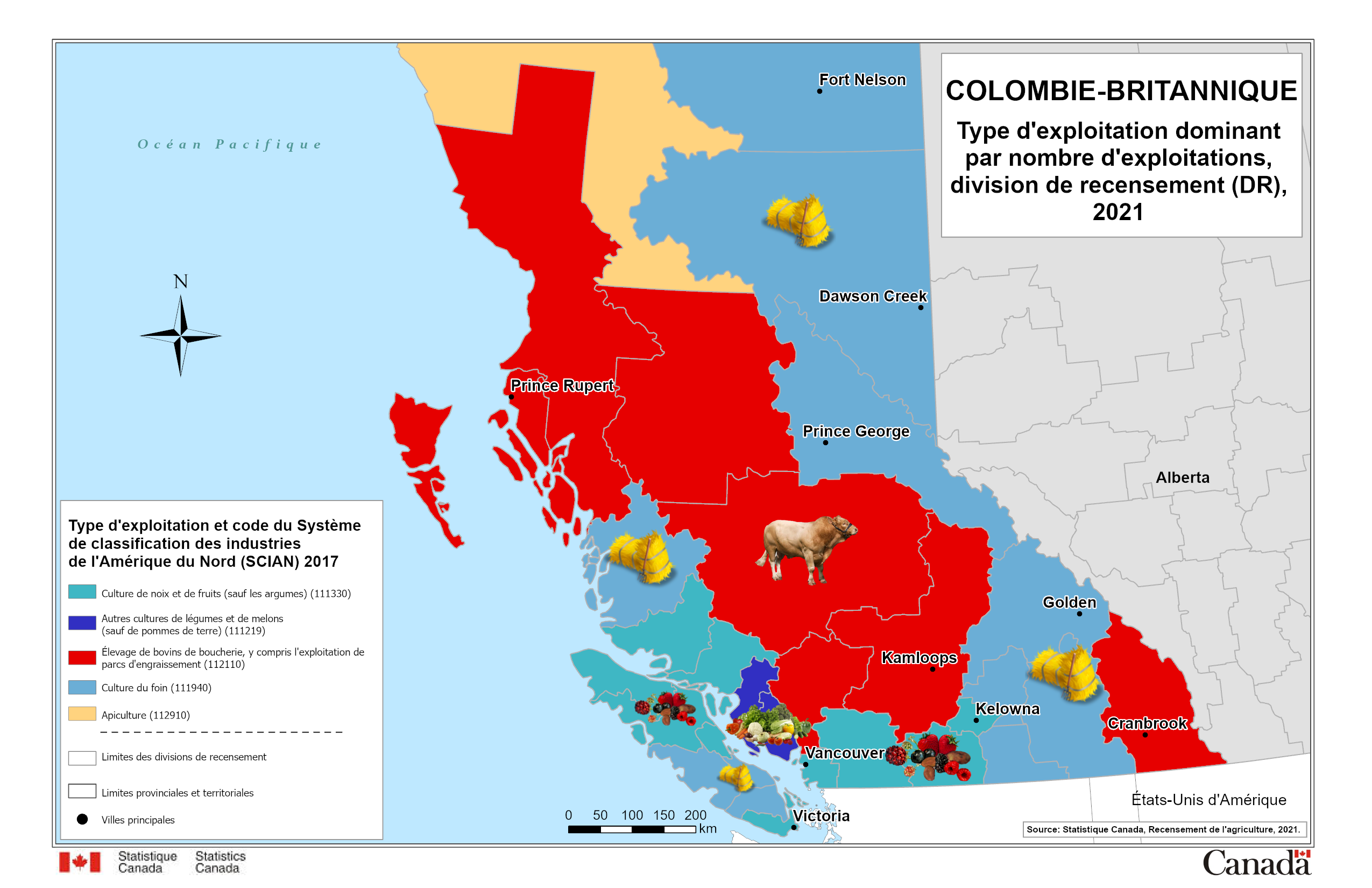 Colombie-Britannique – Type d'exploitation dominant par nombre d'exploitations, division de recensement (DR), 2021