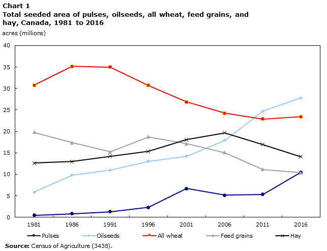 Chart 1 Total seeded area of pulses, oilseeds, all wheat, feed grains, and hay, Canada, 1981 to 2016