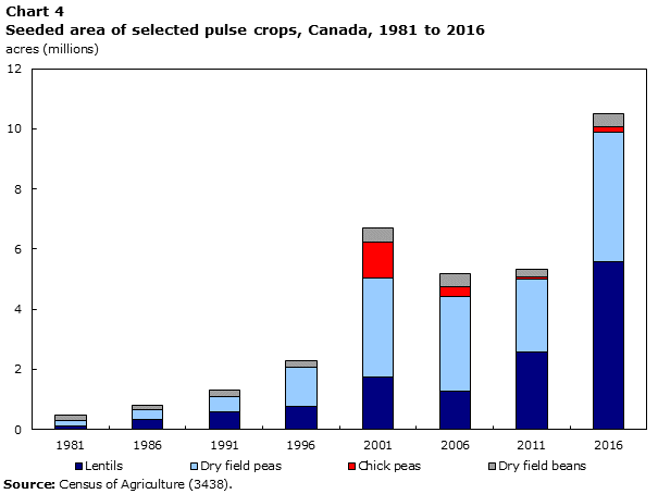 Chart 4 Seeded area of selected pulse crops, Canada, 1981 to 2016