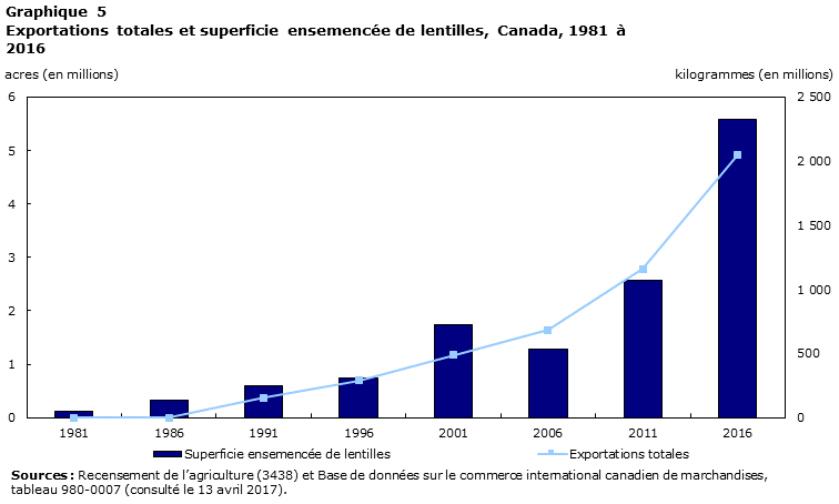Graphique 5 Exportations totales et superficie ensemencée de lentilles, Canada, 1981 à 2016