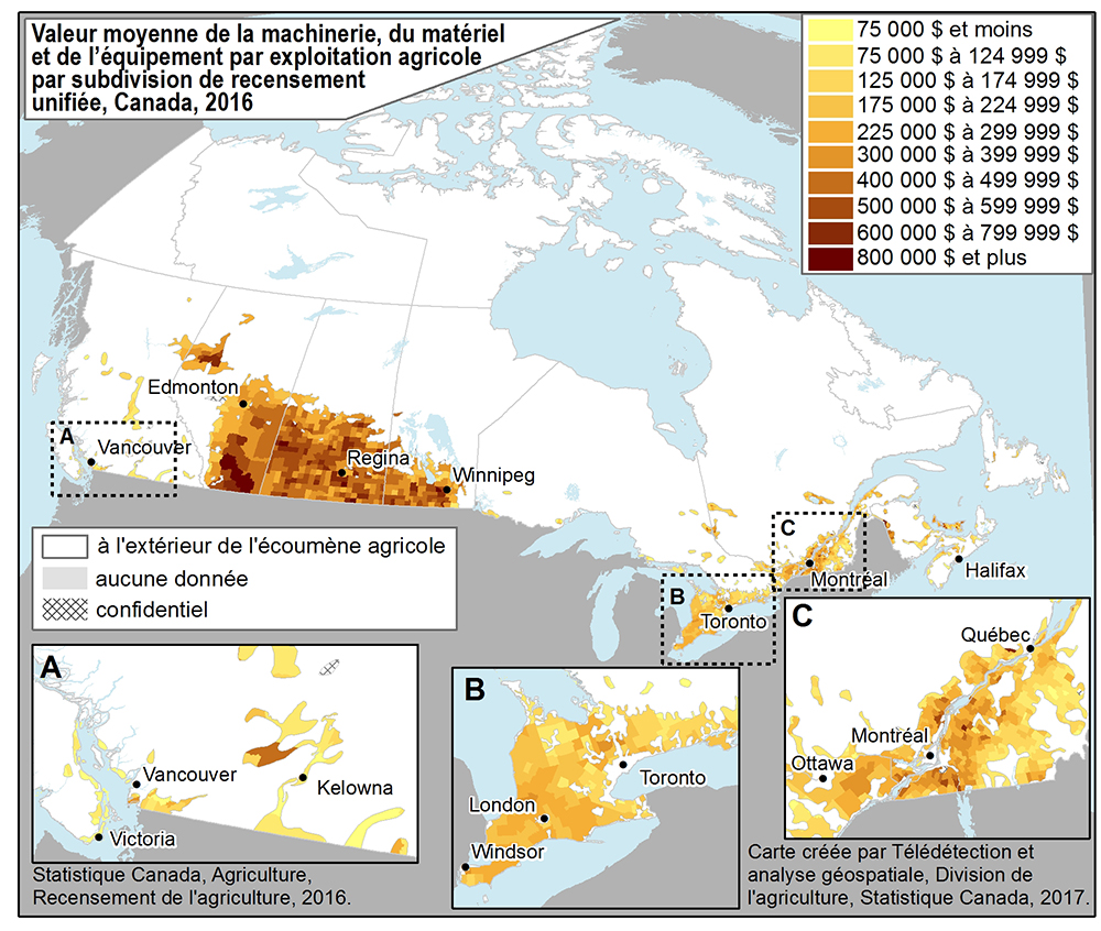 Carte 2 Valeur moyenne de la machinerie, du matériel et de l’équipement par exploitation agricole, par subdivision de recensement unifiée, Canada, 2016