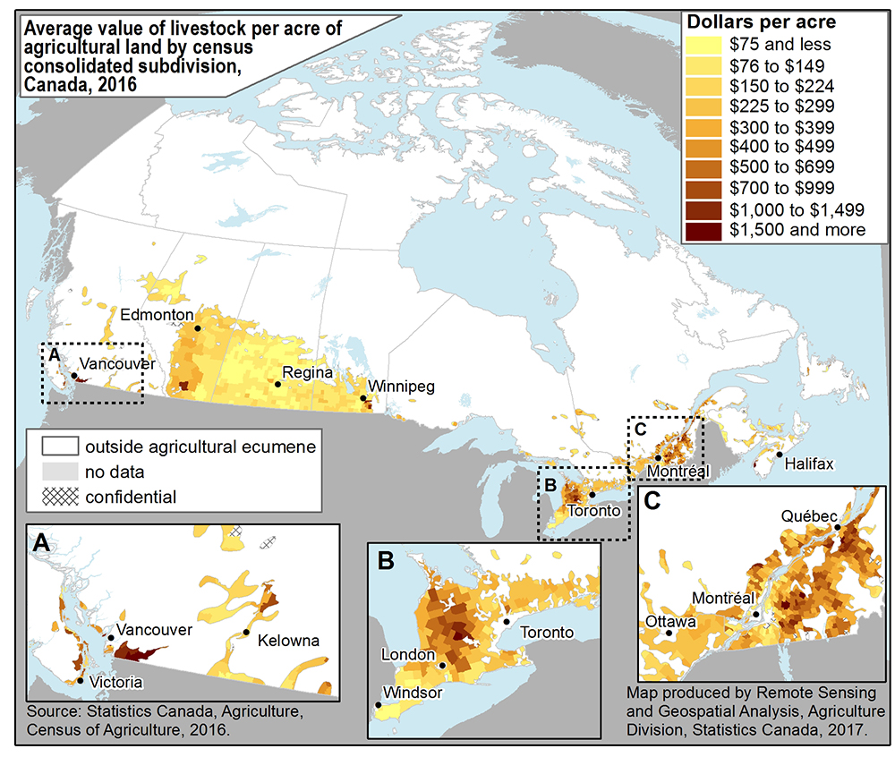 Map 3 Average value of livestock per acre of agricultural land by census consolidated subdivision, Canada, 2016