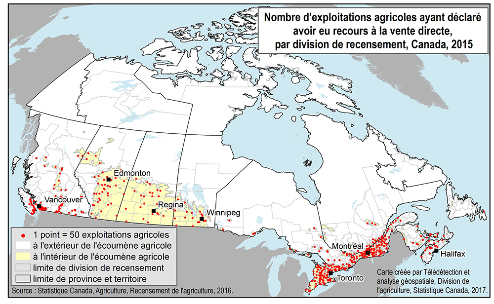Carte 1 Nombre d’exploitations agricoles ayant déclaré avoir eu recours à la vente directe, par division de recensement, Canada, 2015
