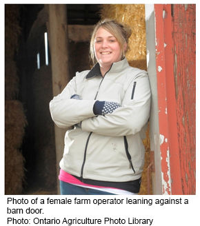 Photo of a female farm operator leaning against a barn door.
Photo: Ontario Agriculture Photo Library