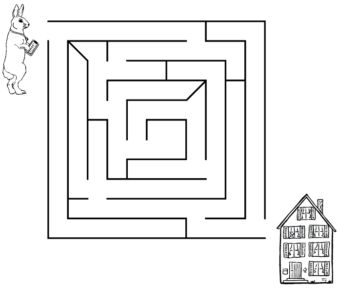 Image d'un labyrinthe avec un lapin au point de départ et une maison au point final.