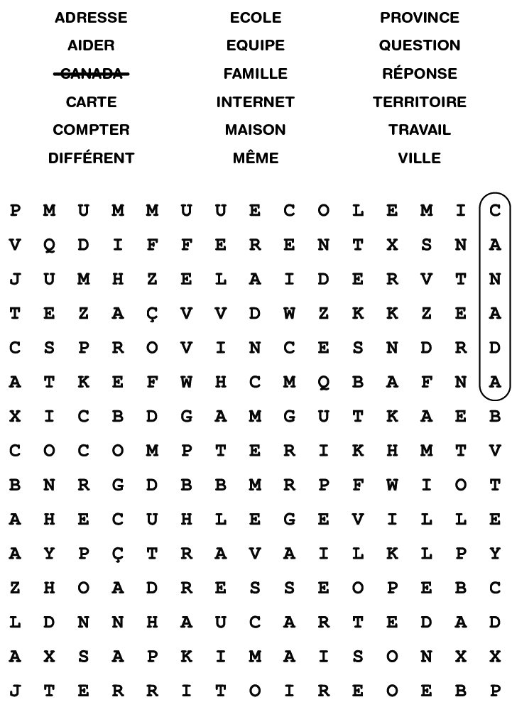 Image d'une recherche de mots remplie de termes de recensement et de termes liés au Canada.