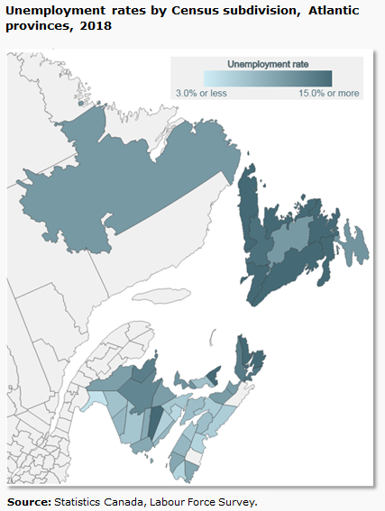Unemployment rates by Census subdivision, Atlantic provinces, 2018
