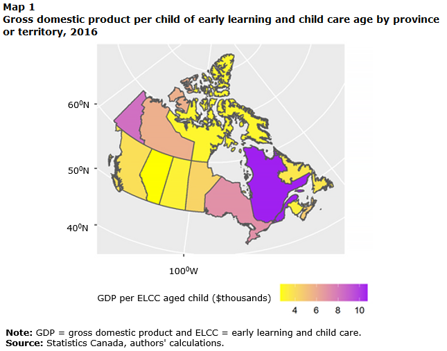 Map 1 Gross domestic product per child of early learning and child care age by province or territory, 2016