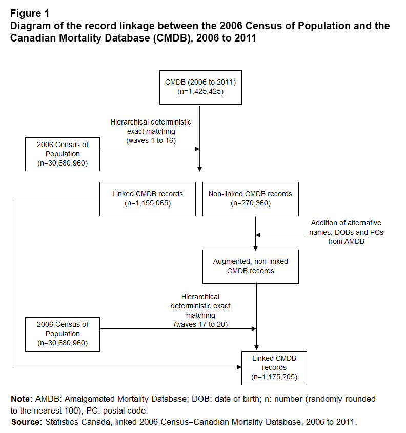 Diagram of the record linkage between the 2006 Census of Population and the Canadian Mortality Database.
