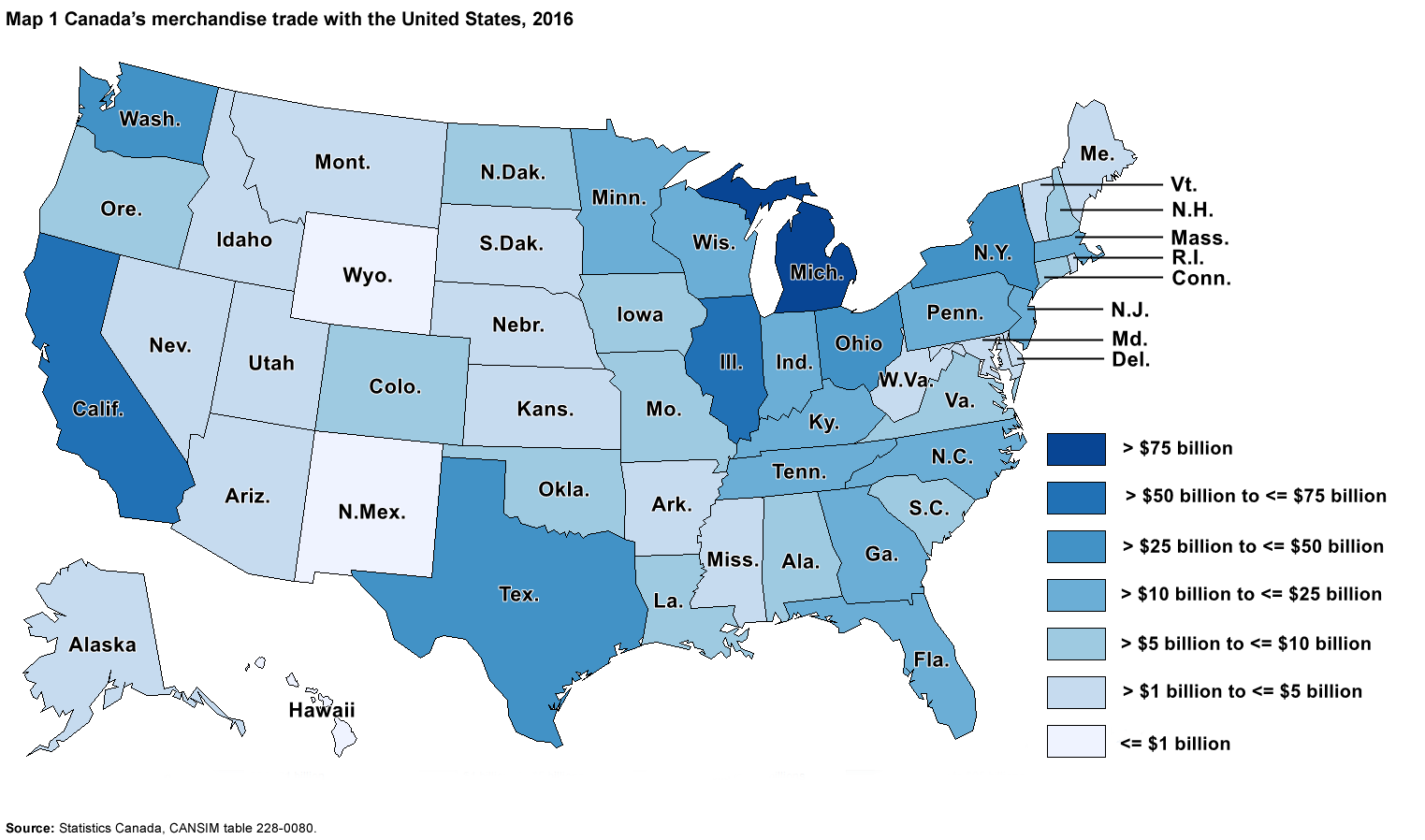 Canada's total merchandise trade with U.S. States, 2016