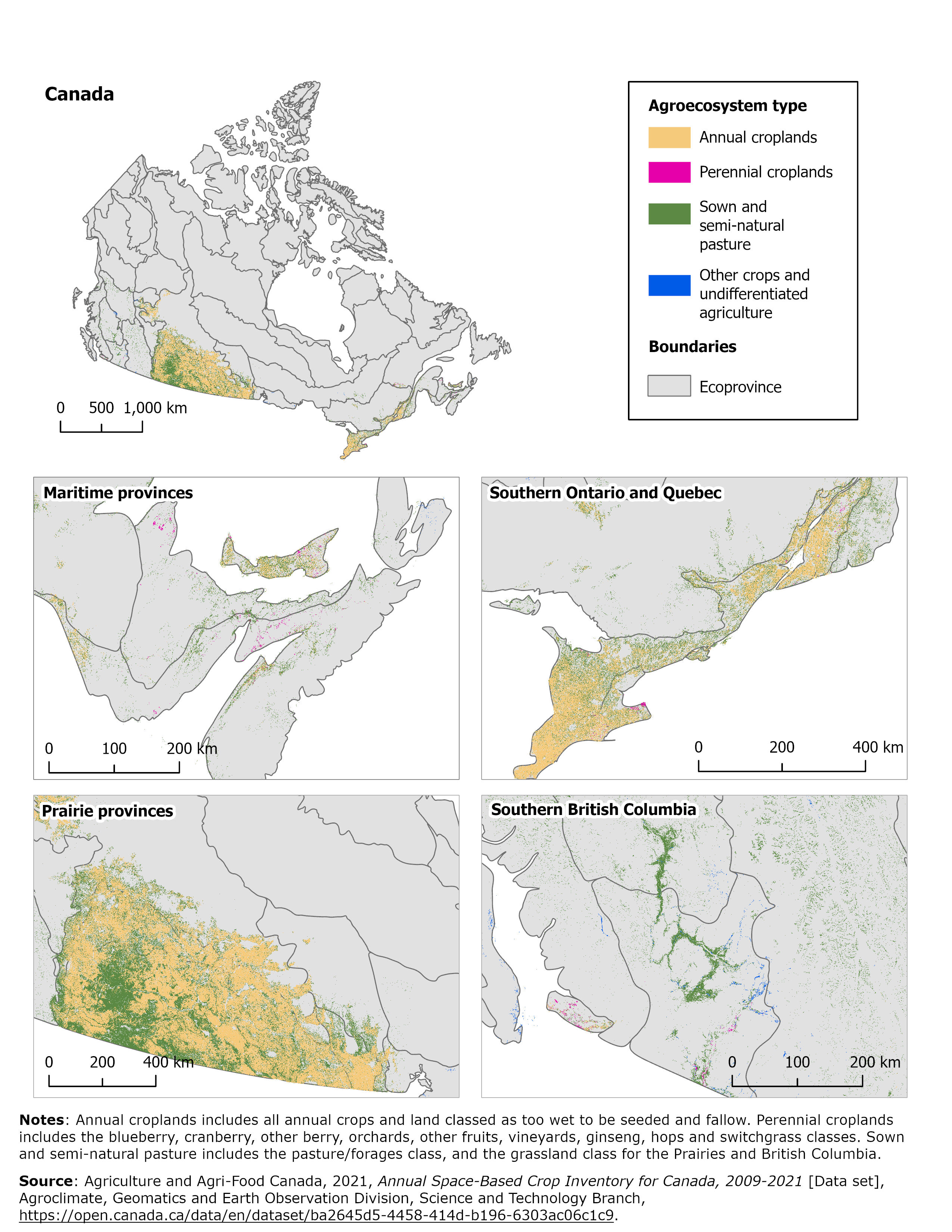 Map 2 Canadian agroecosystem extent, by agroecosystem type, 2021, based on Earth observation data