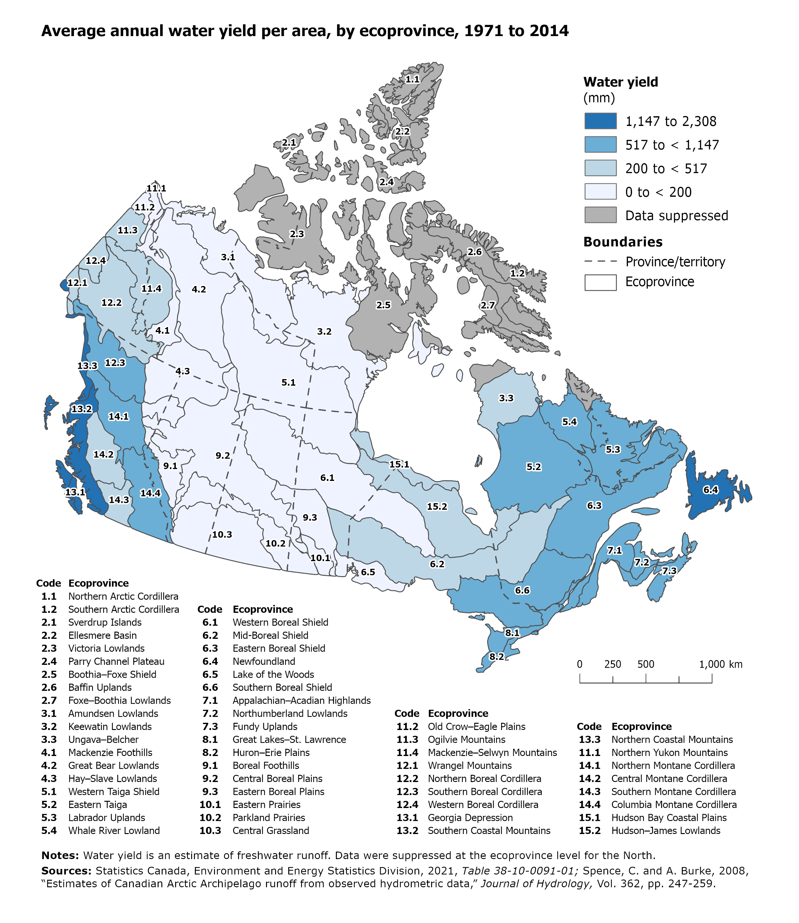 Map: Average annual water yield per area, by ecoprovince, 1971 to 2014