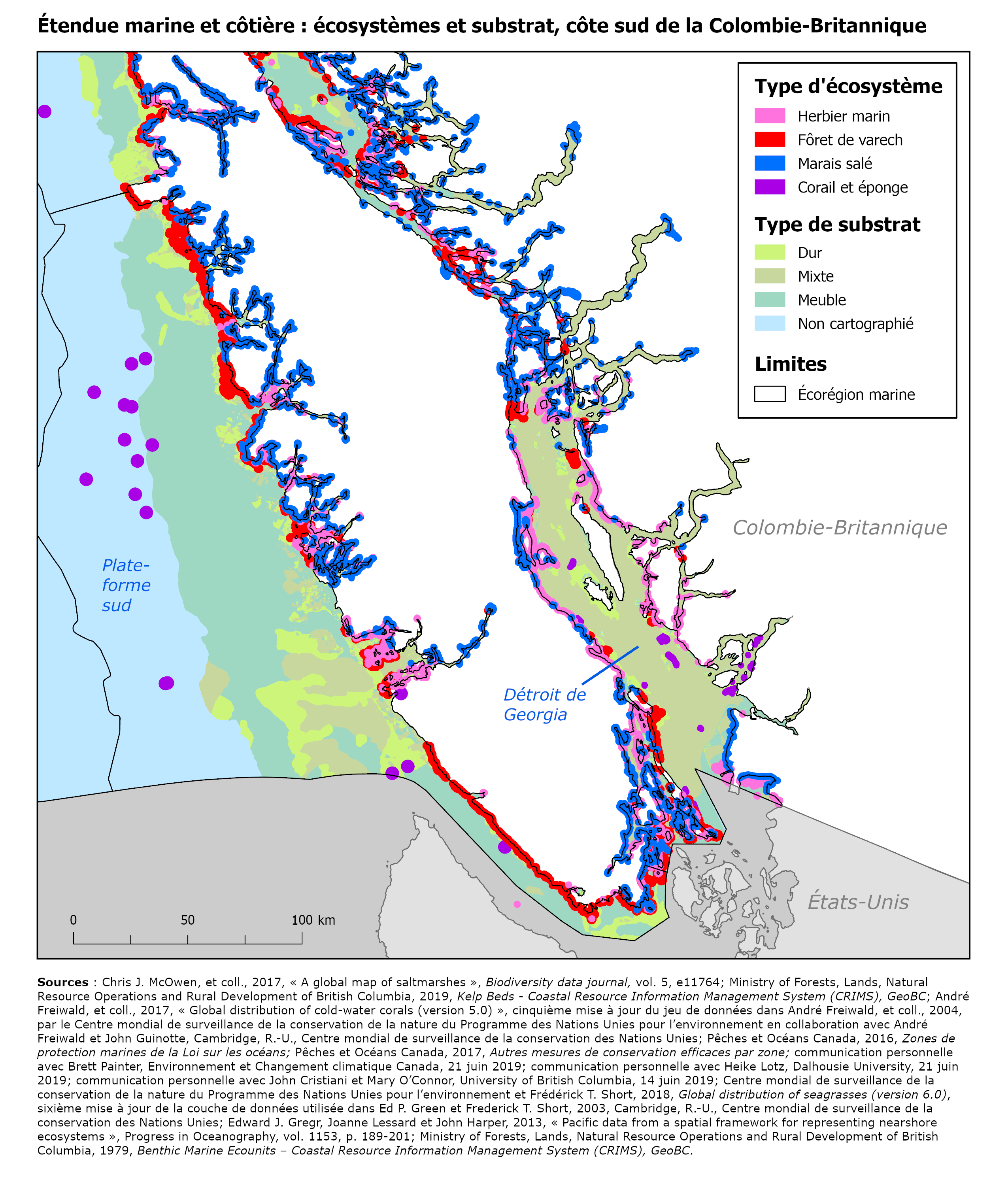 Carte: Étendue marine et côtière : écosystèmes et substrat, côte sud de la Colombie-Britannique 