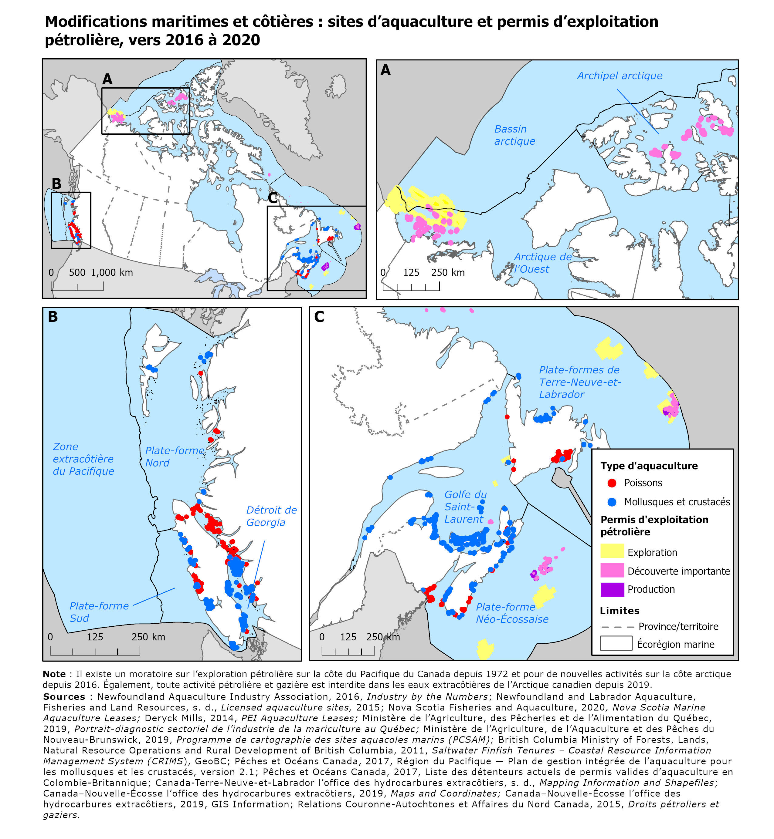 Carte: Modifications maritimes et côtières : sites d’aquaculture et permis d’exploitation pétrolière, vers 2016 à 2020 