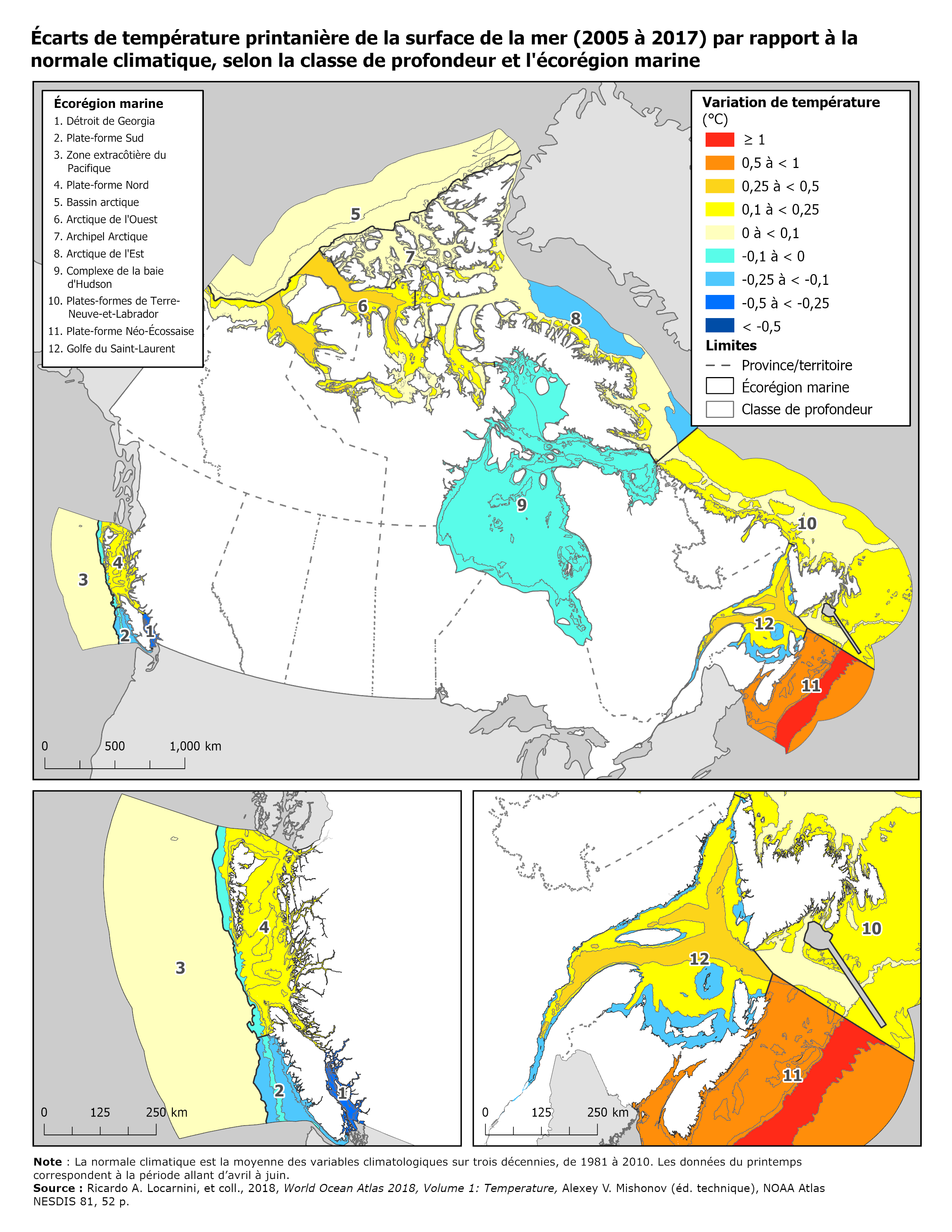 Carte: Écarts de température printanière de la surface de la mer (2005 à 2017) par rapport à la normale climatique, selon la classe de profondeur et l’écorégion marine