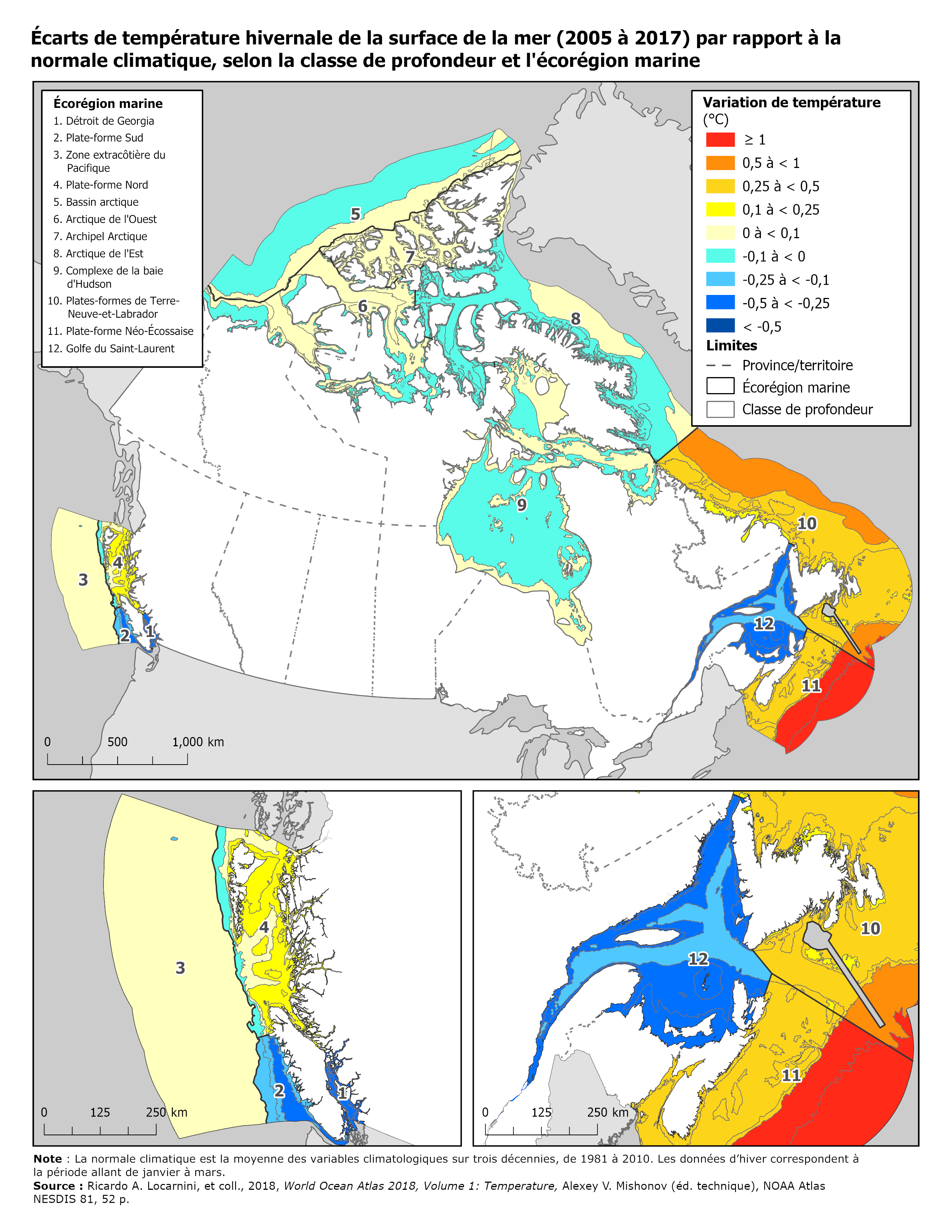 Carte: Écarts de température hivernale de la surface de la mer (2005 à 2017) par rapport à la normale climatique, selon la classe de profondeur et l’écorégion marine