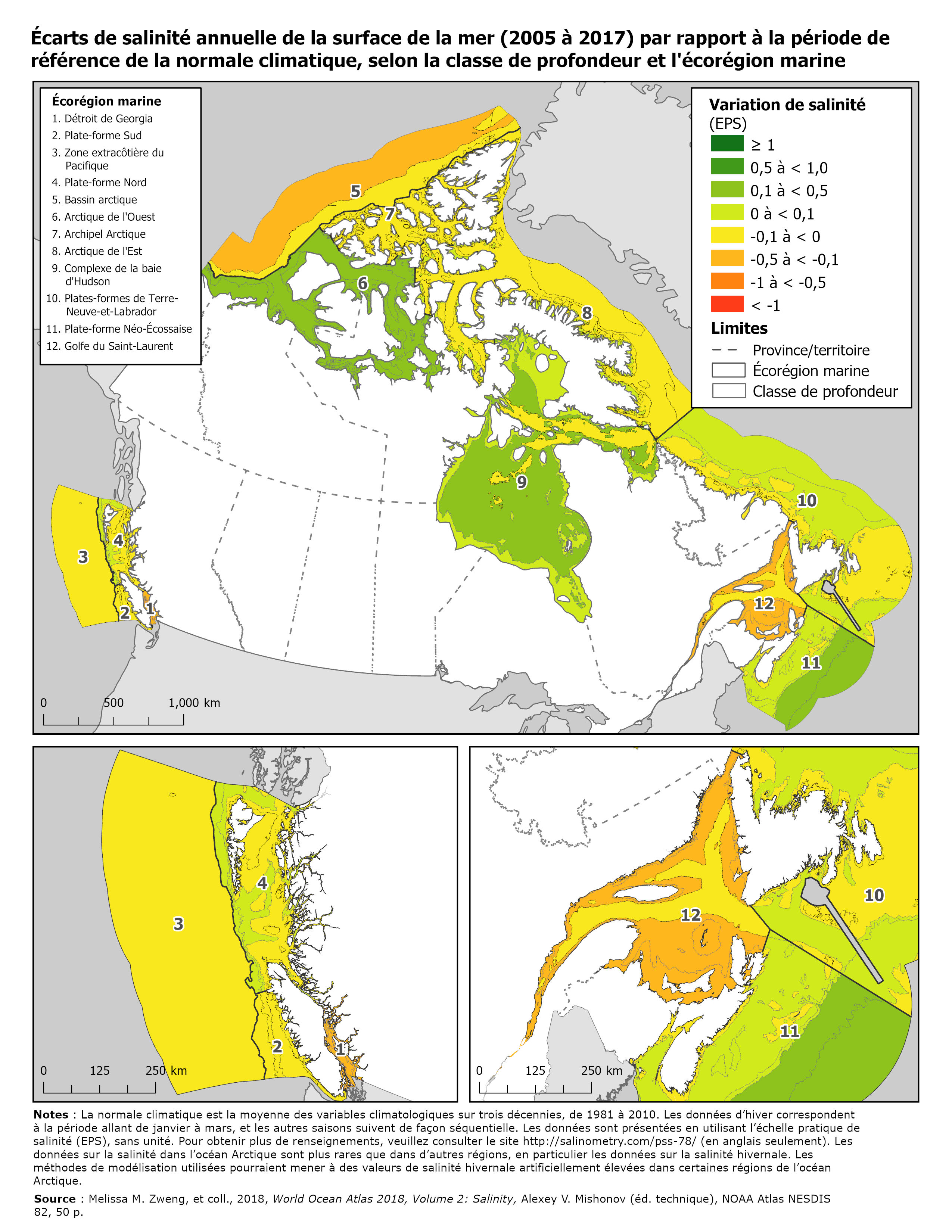 Carte: Écarts de salinité annuelle de la surface de la mer (2005 à 2017) par rapport à la période de référence de la normale climatique, selon la classe de profondeur et l’écorégion marine