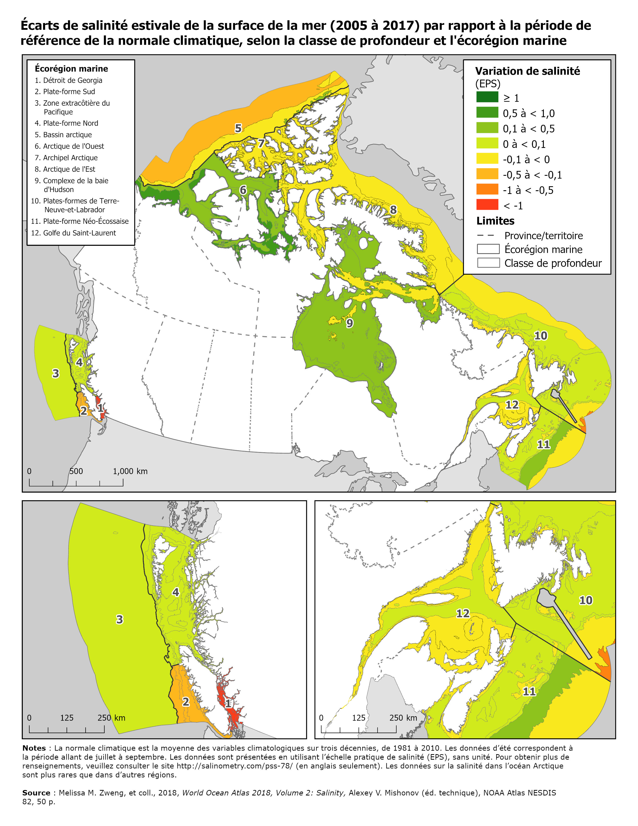 Carte: Écarts de salinité estivale de la surface de la mer (2005 à 2017) par rapport à la période de référence de la normale climatique, selon la classe de profondeur et l’écorégion marine