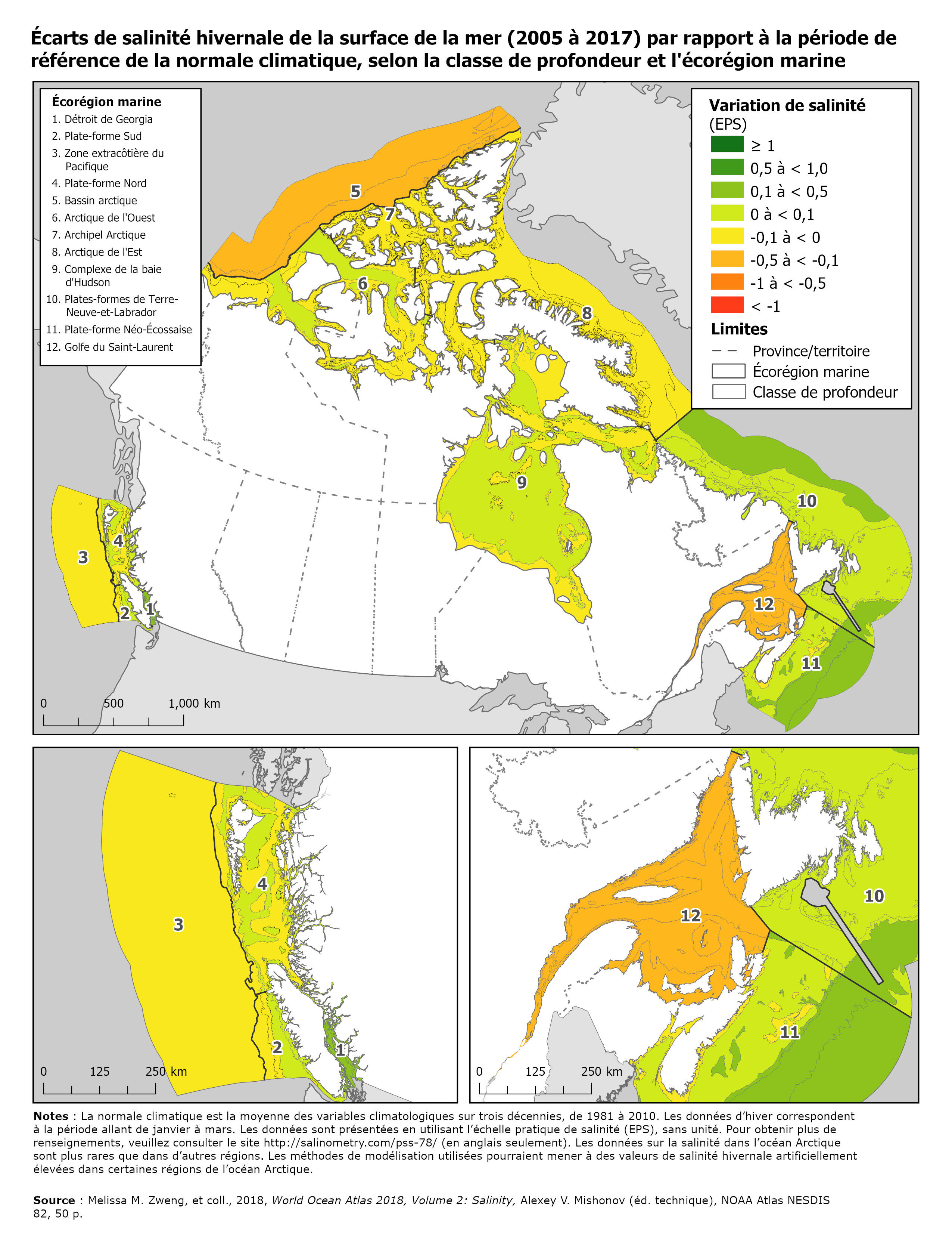 Carte: Écarts de salinité hivernale de la surface de la mer (2005 à 2017) par rapport à la période de référence de la normale climatique, selon la classe de profondeur et l’écorégion marine